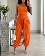 Women's Gold Decor Halter Tie Jumpsuit Sexy Backless Ruched Lantern Overalls Casual Vacation Jumpsuit