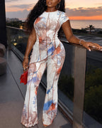 Women's 2 Piece Mesh Set Vintage Print Short Sleeve Top and High Waisted Flare Pants Set with Lining