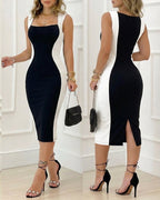 Women's Colorblock Square Neck Midi Dress Sleeveless Back Slit Side Panel Contrast Bodycon Cocktail Work Dress