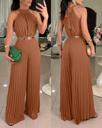 Women's Halter Tie Wide Leg Jumpsuit Pleated High Waist One-Piece Romper Elegant Sleeveless Evening Party Jumpsuit without Waist Chain