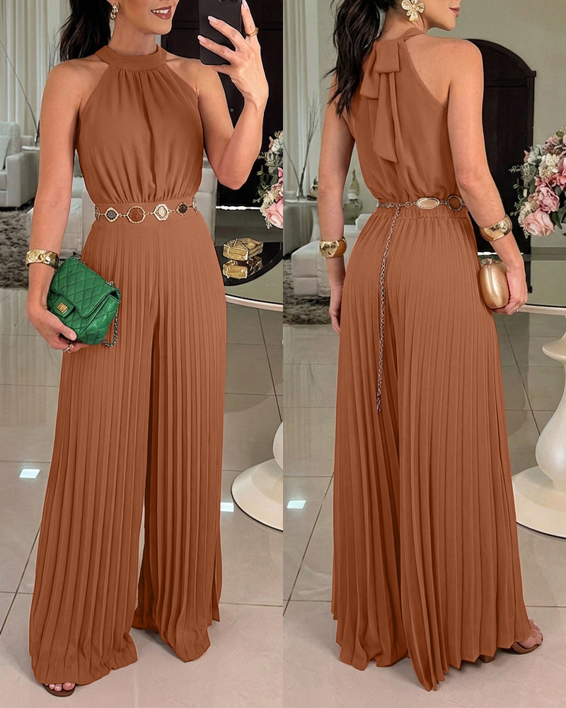 Women's Halter Tie Wide Leg Jumpsuit Pleated High Waist One-Piece Romper Elegant Sleeveless Evening Party Jumpsuit without Waist Chain