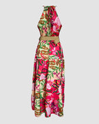 Tropical Print Halter Ruched Sleeveless Maxi Dress Casual A Line Flowy Smock Dress