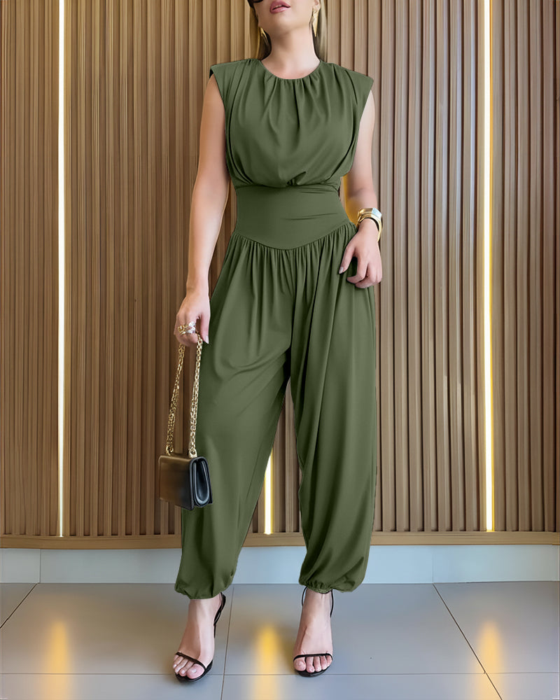 Padded Shoulders Sleeveless Cinched Waist Side High Slit Overalls Casual Hollow-out Back Ruched Jumpsuit