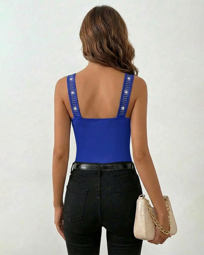 Rhinestone Decor Square Neck Thick Strap Backless Slim Fit Tank Top
