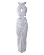 Women's Two Piece Set Criss Cross Halter Backless Crop Top and High Slit Ruched Skirt Sexy Matching Set