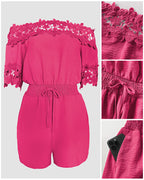 Women's Lace Off Shoulder Romper Shirred Waist Tied Detail Textured Short Jumpsuit with Pockets