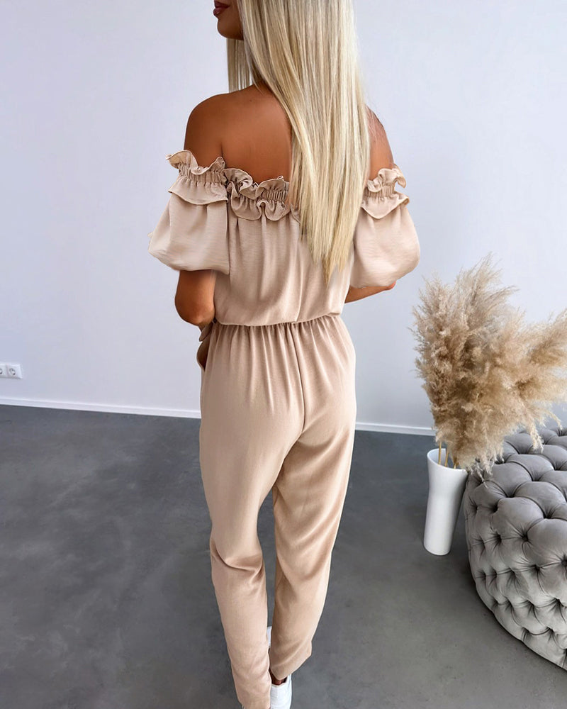 Frill Trim Off Shoulder Short Sleeve Tie Waist Overalls Casual Textured Jumpsuit