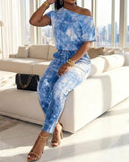 Women's Denim Look Print Skew Neck Jumpsuit Short Sleeve Drawstring Waist Slim Fit Overalls