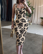 Women's Vintage Flocking Rose Midi Dress Square Neck Sleeveless Bodycon Dress Elegant Club Party Gown