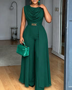 Women's Cowl Neck Wide Leg Jumpsuit High Waist Sleeveless Chiffon Overlay Spliced Evening Overalls with Belt
