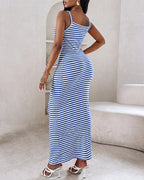 Women's Striped Ribbed Knit Maxi Dress Slim Fit Sleeveless Cami Dress Beach Vacation Sundress