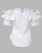 Ruffles Off Shoulder Short Sleeve Button Front Blouse Asymmetrical Hem Top