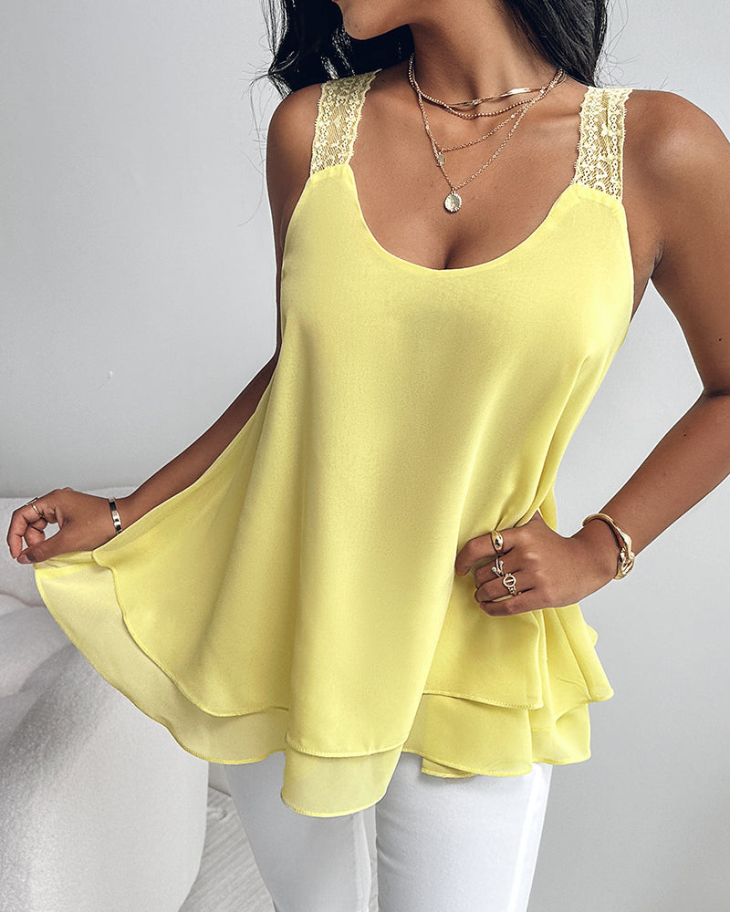 U-Neck Thick Strap Tank Contrast Lace Tied Detail Top