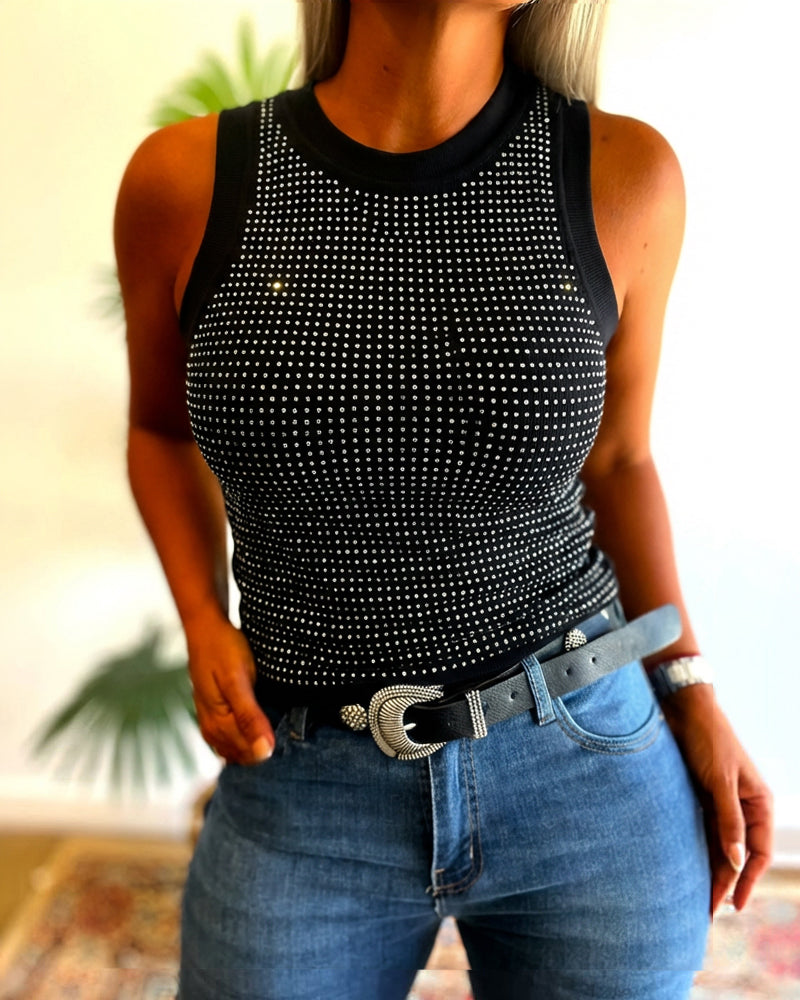Rhinestone Decor O-neck Sleeveless Knit Tee Slim Fit Tank Top