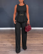 Women's 2 Piece Outfits Sleeveless Peplum Top and Wide Leg Pants Set Elegant Gold Belt Business Work Suits