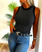 Rhinestone Decor O-neck Sleeveless Knit Tee Slim Fit Tank Top