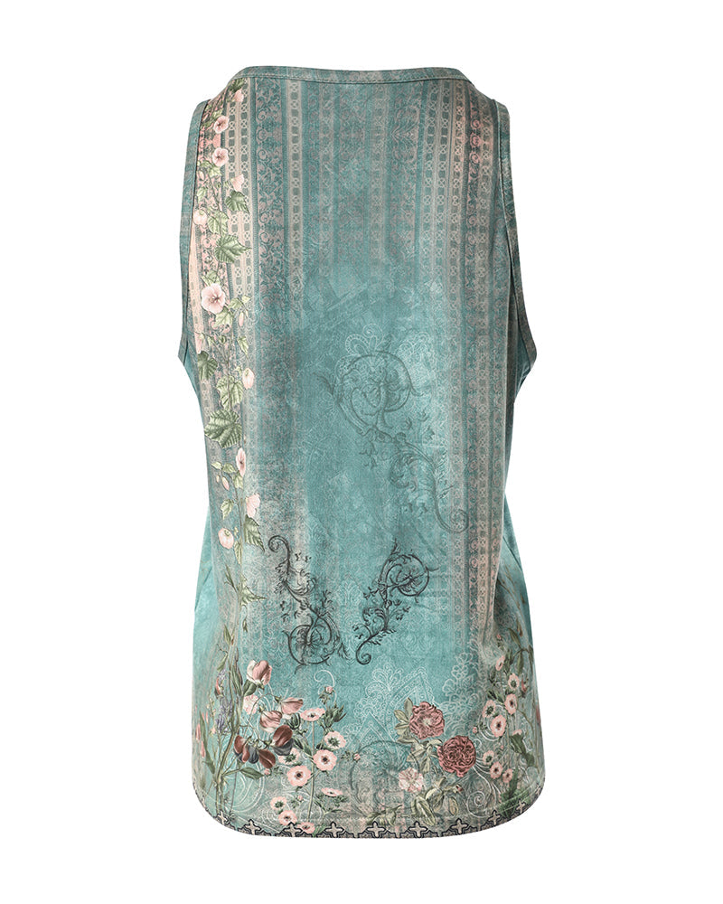 Women's Casual Floral Print Tank Top Sleeveless Notch Neck Vest with Rhinestone Accents