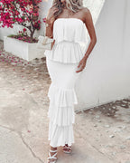 Layered Ruffle Shirred Slim Fit Strapless Dress Textured Maxi Party Dress