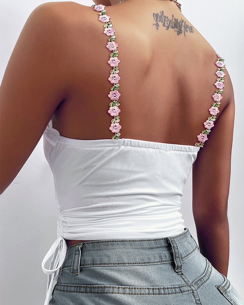 Women's Sleeveless Lace Cami Top Floral Straps Ruched Drawstring Side Backless Crop Top