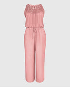 Women's Halter Jumpsuit Lace Trim Backless Overalls Tied Detail Wide Leg Jumpsuit with Pockets
