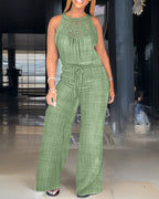 Women's Halter Jumpsuit Lace Trim Backless Overalls Tied Detail Wide Leg Jumpsuit with Pockets