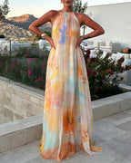 Women's Tie Dye Print Chiffon Maxi Dress Halter Neck Backless Tied Flowy A-Line Long Dress for Vacation