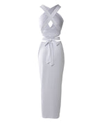 Women's Two Piece Set Criss Cross Halter Backless Crop Top and High Slit Ruched Skirt Sexy Matching Set