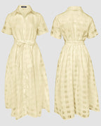 Women's Sheer Plaid Maxi Dress Short Sleeve Double Layer Swing Vacation Dress Elegant Flowy A Line Dress with Belt