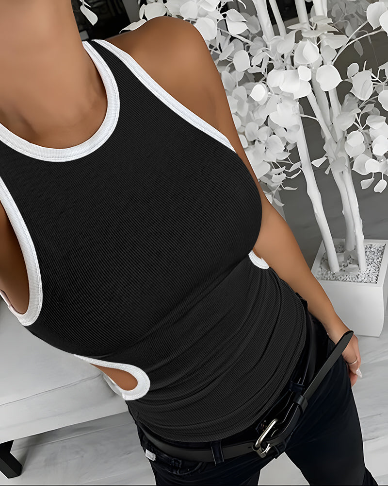 Women's Ribbed Contrast Trim Tank Top Sleeveless Crew Neck Cutout Slim Fit Stretch Casual Top