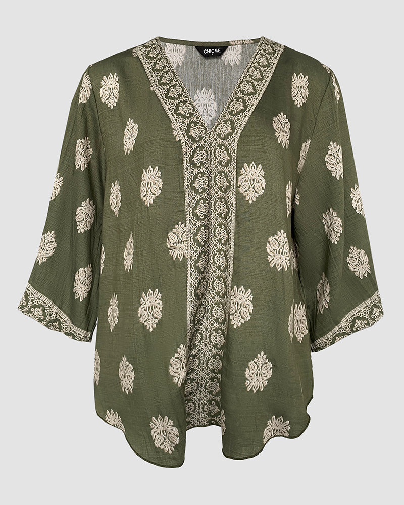 Floral Print V Neck Long Sleeve Blouse Casual Loose Fit Top
