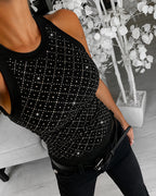 Women's Rhinestone Argyle Pattern Ribbed Tank Top Slim Fit Top