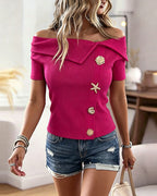 Women's Foldover Off Shoulder Rib-Knit Top Slim Fit Short Sleeve Tee with Gold Button Detail
