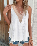 Women's V Neck Tank Top Eyelet Embroidery Sleeveless Tee Frill Hem Backless Contrast Patchwork Summer Top
