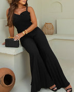 Women's Pleated Wide Leg Jumpsuit Spaghetti Strap High Waisted Shirred Backless Flared Overalls