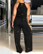 Women's Glitter Halter Tie Jumpsuit Casual Hollow Out Wide Leg Overalls Sparkling Drawstring Waist Jumpsuit with Pockets