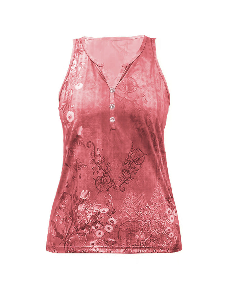 Women's Casual Floral Print Tank Top Sleeveless Notch Neck Vest with Rhinestone Accents