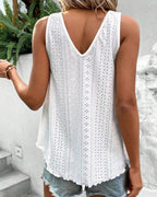 Women's V Neck Tank Top Eyelet Embroidery Sleeveless Tee Frill Hem Backless Contrast Patchwork Summer Top