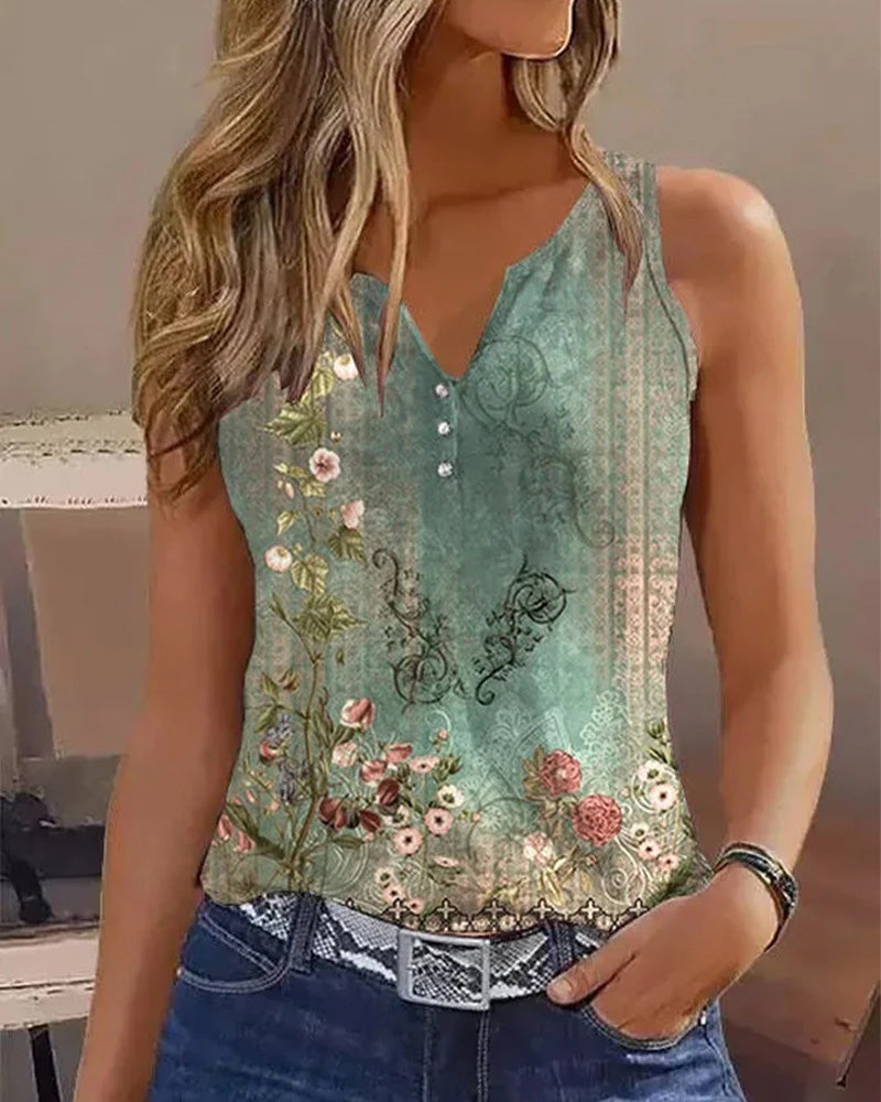Women's Casual Floral Print Tank Top Sleeveless Notch Neck Vest with Rhinestone Accents
