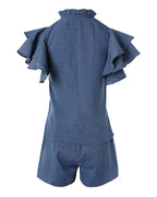 Women's Denim Look Two Piece Set Ruffle Short Sleeve Tie Neck Top and High Waist Shorts Casual Matching Set