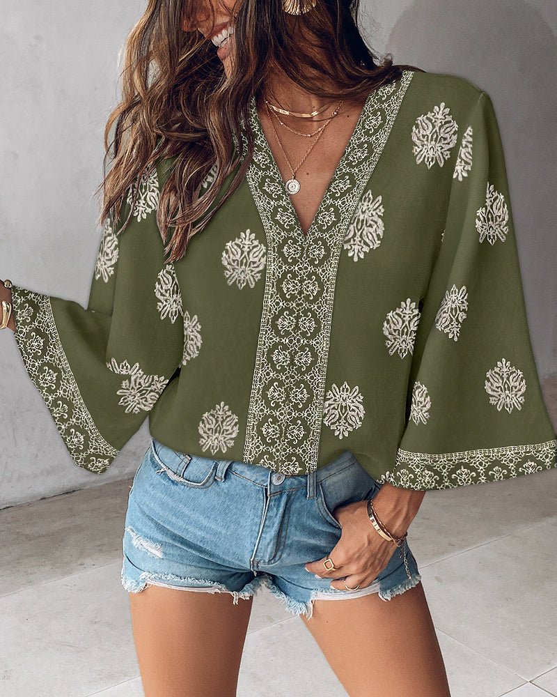 Floral Print V Neck Long Sleeve Blouse Casual Loose Fit Top