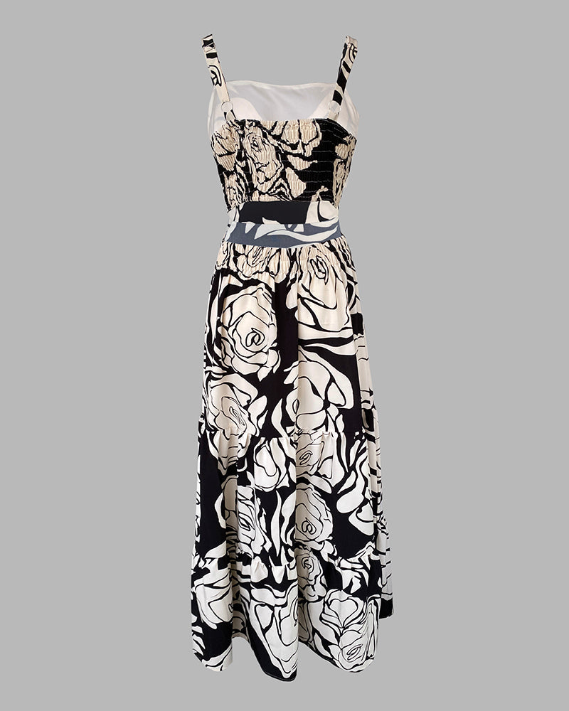 Floral Print Adjustable Straps Cutout Waist Shirred Backless Maxi Dress Casual Elastic Back Waist Ruffle Hem Vacation Dress