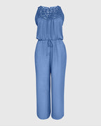 Women's Halter Jumpsuit Lace Trim Backless Overalls Tied Detail Wide Leg Jumpsuit with Pockets
