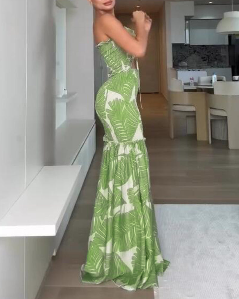 Tropical Print Halter Tie Shirred Frill Trim Cinched Waist Vacation Dress Ruched Cutout Front Slim Fit Ruffle Hem Mermaid Dress