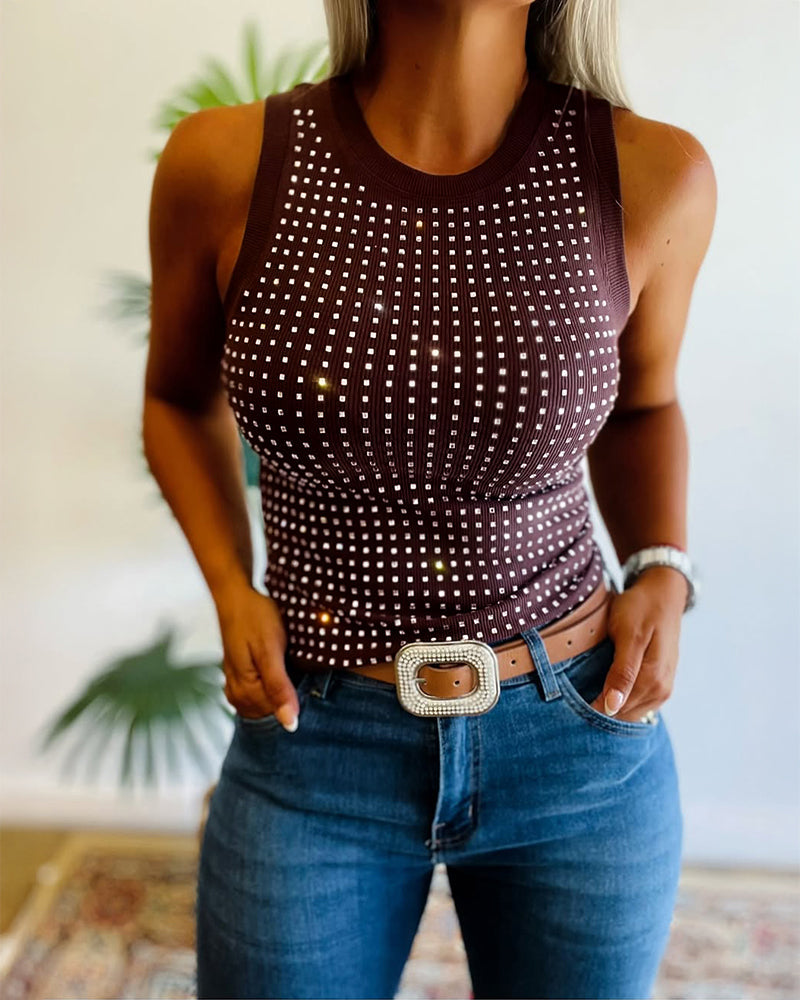 Rhinestone Decor O-neck Sleeveless Tee Slim Fit Ribbed Tank Top