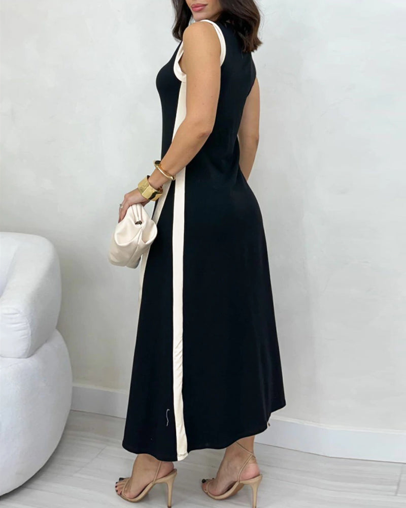 Colorblock Spliced Deep V-Neck Sleeveless Slit Front Dress Casual Loose Fit A Line Dress