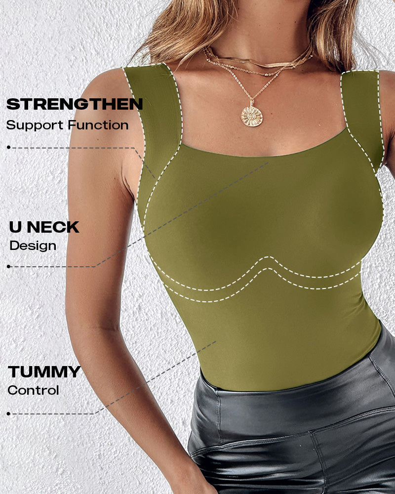 U-Neck Sleeveless Tank Seamless Skinny Layering Top with Built-In Bra