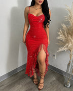 Women's Glitter Mesh Cami Dress Cowl Neck Slit Mermaid Dress Backless Ruffle Hem Party Dress with Built-In Bra
