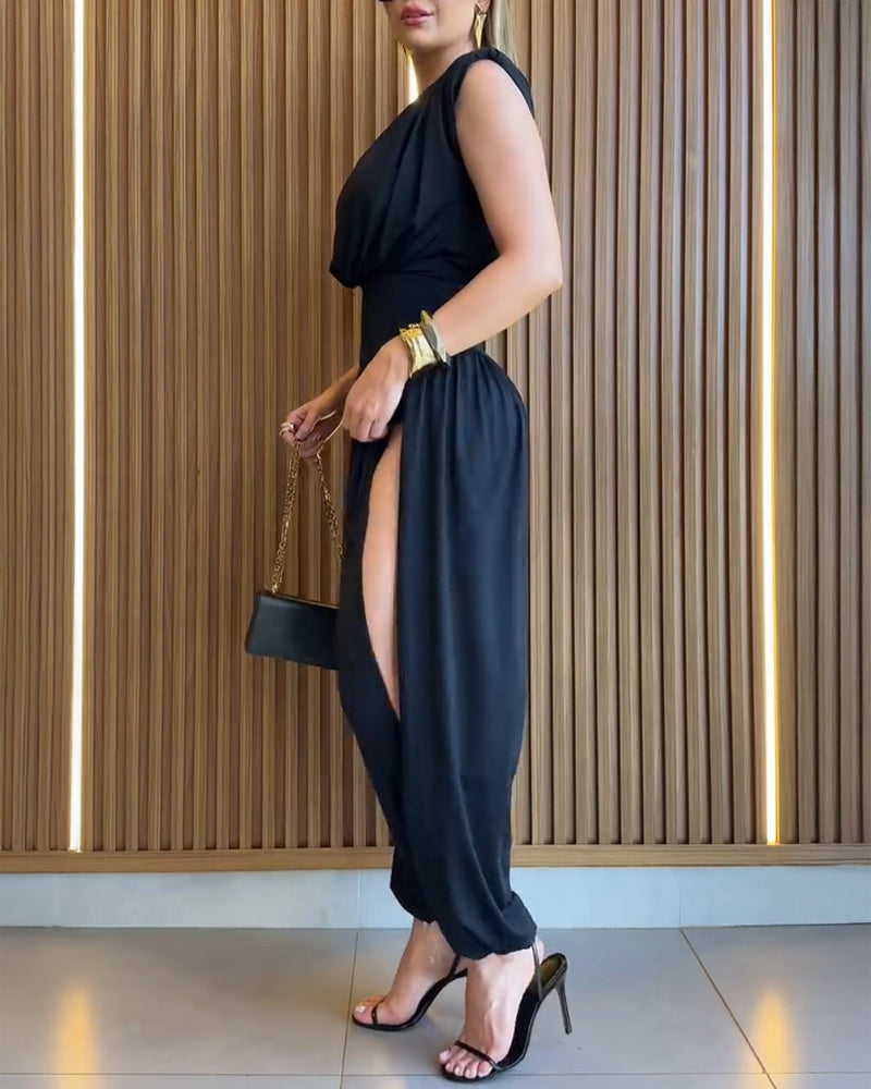 Padded Shoulders Sleeveless Cinched Waist Side High Slit Overalls Casual Hollow-out Back Ruched Jumpsuit