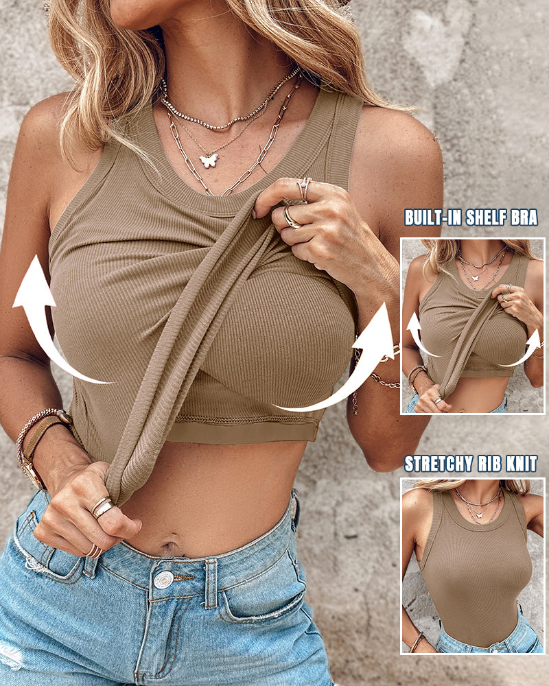 Built-in Bra Ribbed Round Neck Tank Top