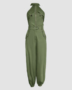 2 Pieces Outfits Sleeveless High Neck Cargo Pockets Design Top And Casual Cuffed Long Pants Set